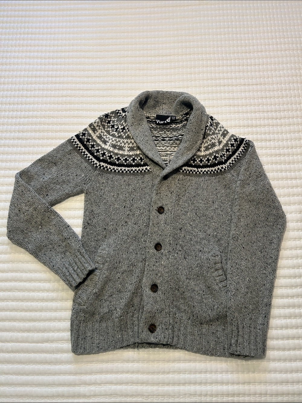 Small Gray Shawl Collar Fair Isle Cardigan Sweater